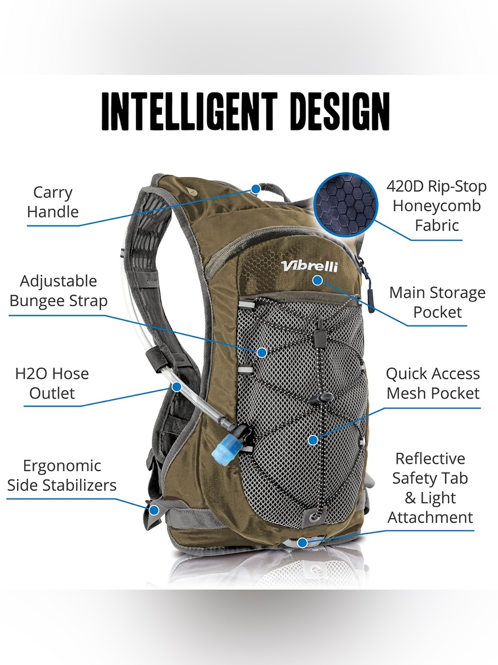 Vibrelli Hydration Pack 2L Hydration Water Bladder Hydration Backpack w Storage